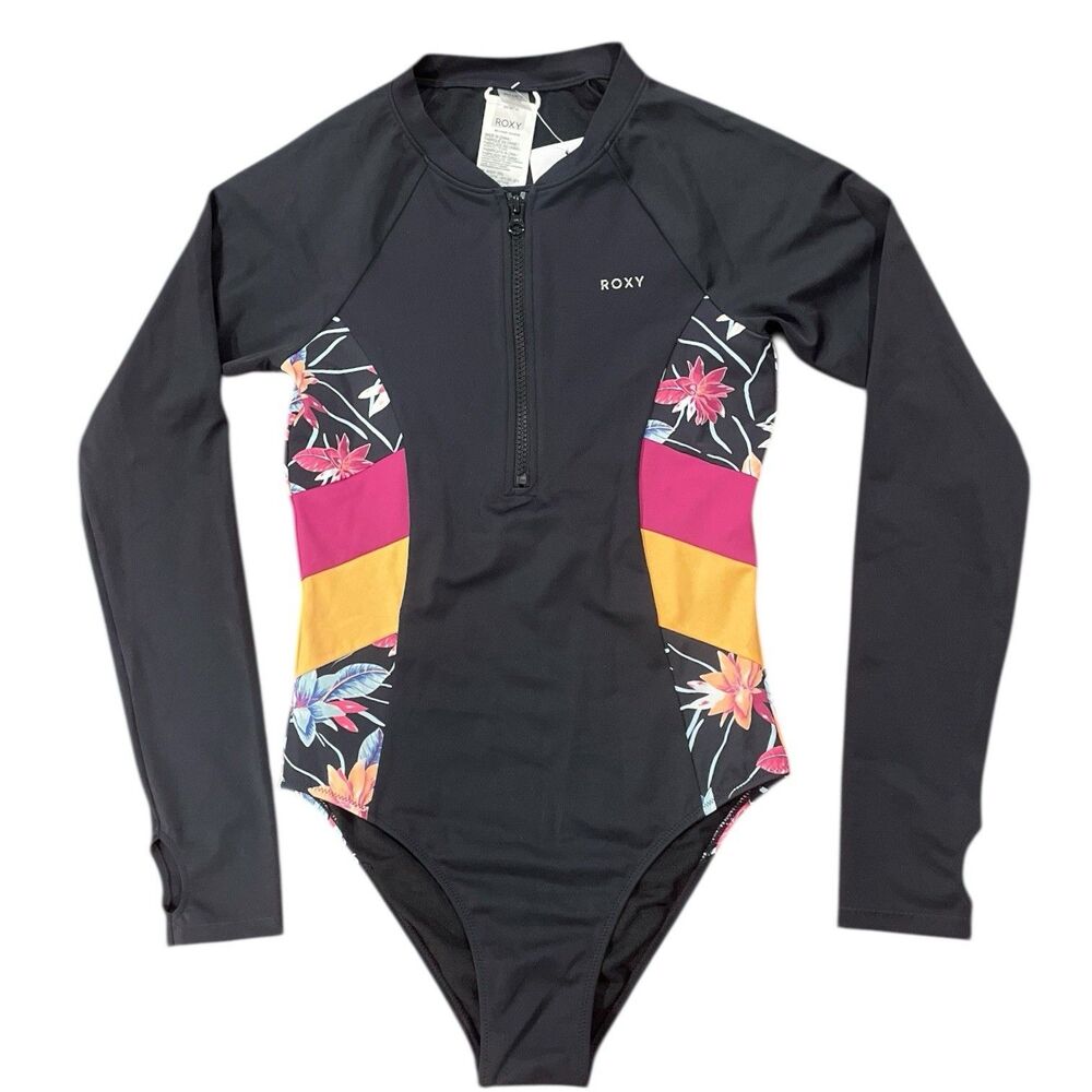 Roxy Active Long Sleeve 1Piece Swimsuit In The Anthracite Floral Flow Colorway S